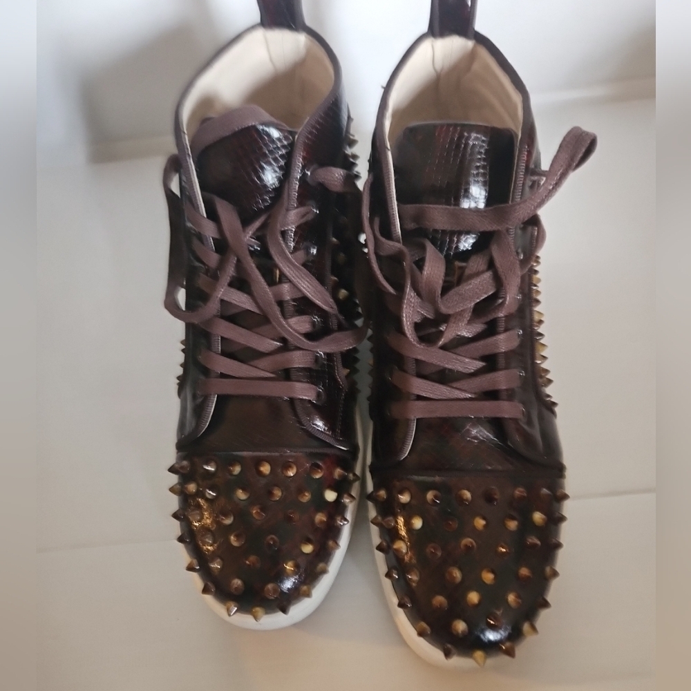 New Barocco LA Men's High-Top Sneakers Brown Leather Studded" - Picture 4 of 11